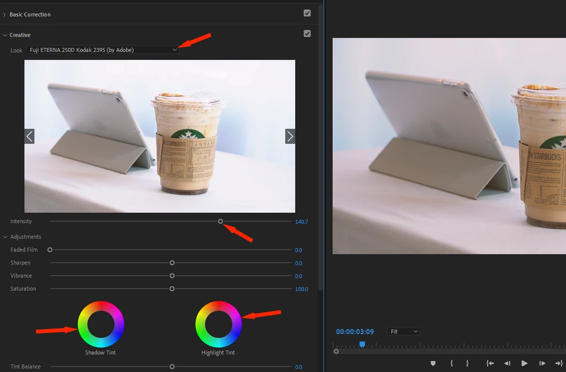 프리미어 프로의 lumetri color로 색 보정을 하는 모습