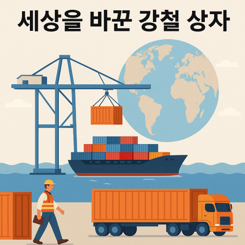 지구를 배경으로 컨테이너선, 항만 크레인, 트럭, 작업자 등이 조화를 이루는 글로벌 물류 일러스트