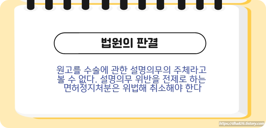 법원은 원고가 집도의가 아니어서 설명의무 주체라고 볼 수 없어 자격정지처분을 취소해야 한다고 판결했다