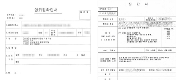 입원치료 청구에 필요한 입퇴원확인서 및 진단서 예시 사진입니다.