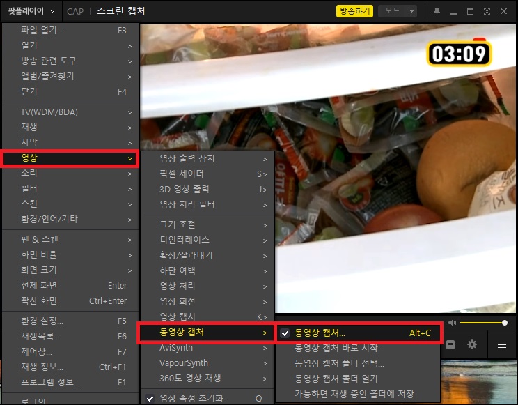 메뉴에서 동영상 캡처