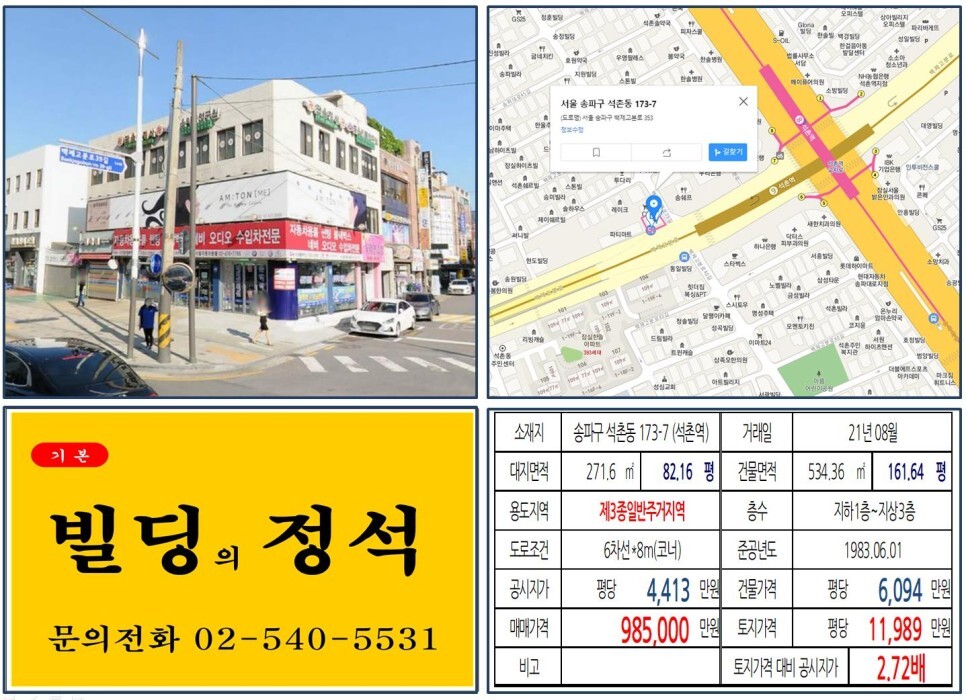  [송파구 백제고분로 90억 역세권 코너빌딩 실거래가 조회] 송파동 173-7 (석촌역) 98억 5,000만 원, 평당 1억 1,989만 원 매매되었습니다.
