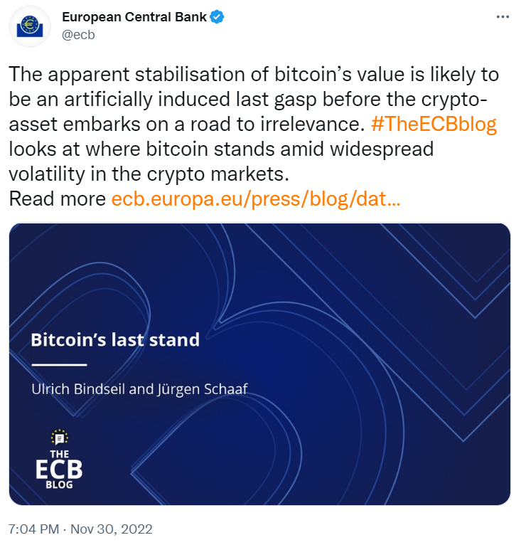  유럽중앙은행(ECB), 비트코인에 '투자 부적합' 경고..."비트코인 최후의 저항"