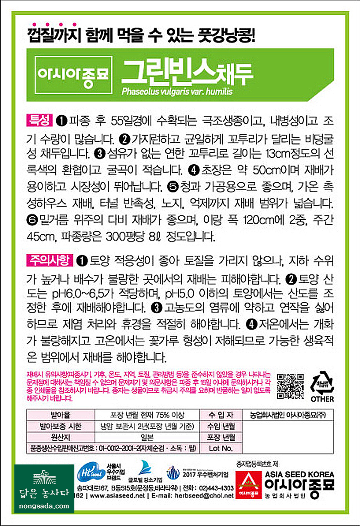 풋강낭콩 그린빈스 씨앗종자: 비넝굴성 극조생종 강낭콩