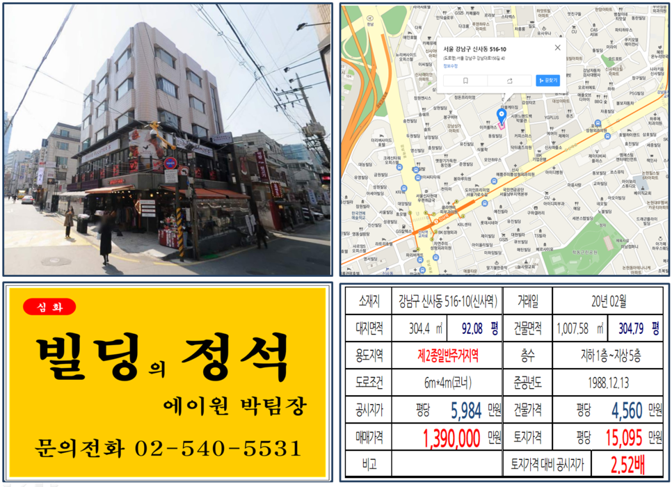 [강남구 가로수길 코너빌딩 실거래가 조회] 신사동 516-10 (신사역) 139억 원, 평당 15,095만 원, 세로수길 코너빌딩