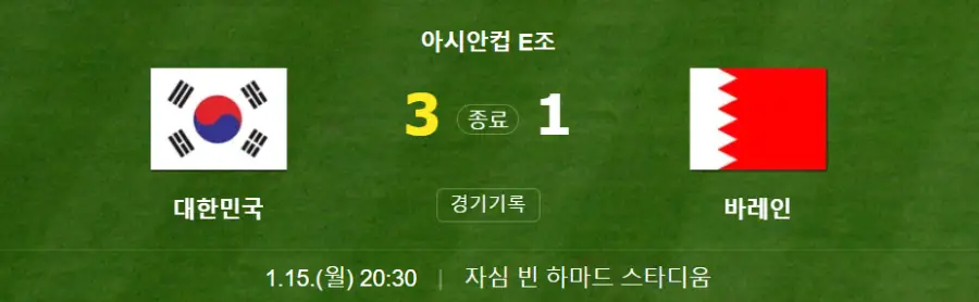 카타르 아시안컵-
초록색 축구경기장 위 왼쪽 대한민국 국기 옆 노란색 3 옆 흰글씨 1 옆 바레인 국기