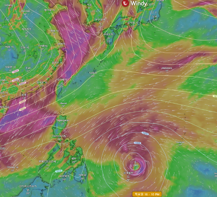 윈디닷컴-ECMWF-2023년-11월16일-목요일-오후-돌풍-예측모델-모습