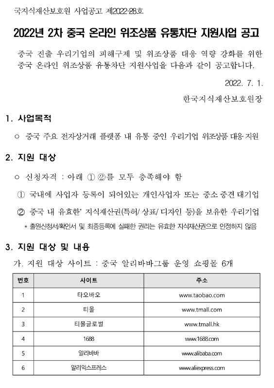  2022년 2차 중국 온라인 위조상품 유통차단 지원사업 공고