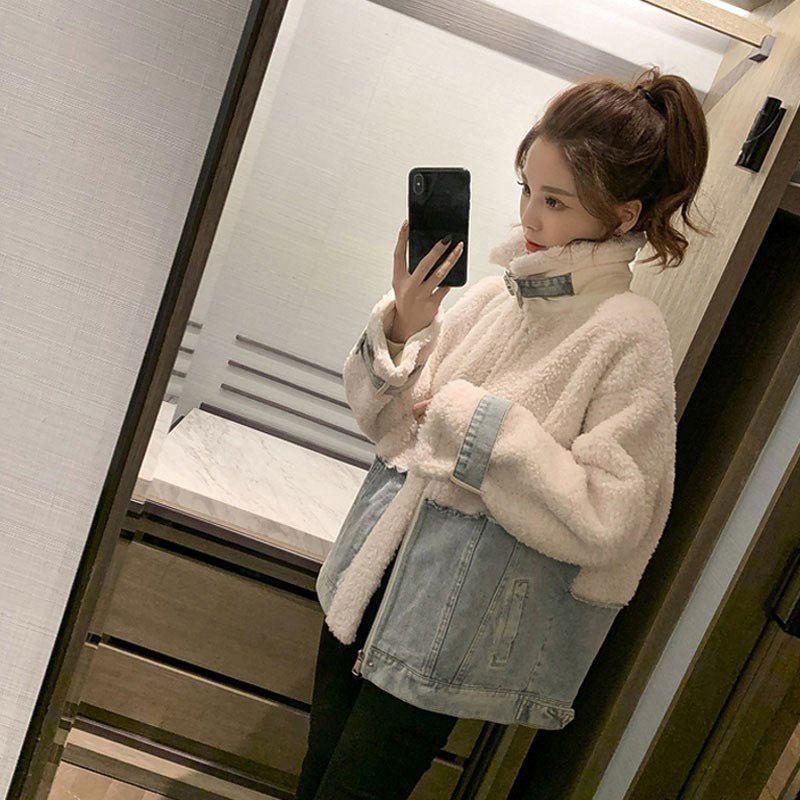 데님 스티치 하이넥 후리스자켓 프레피룩자켓