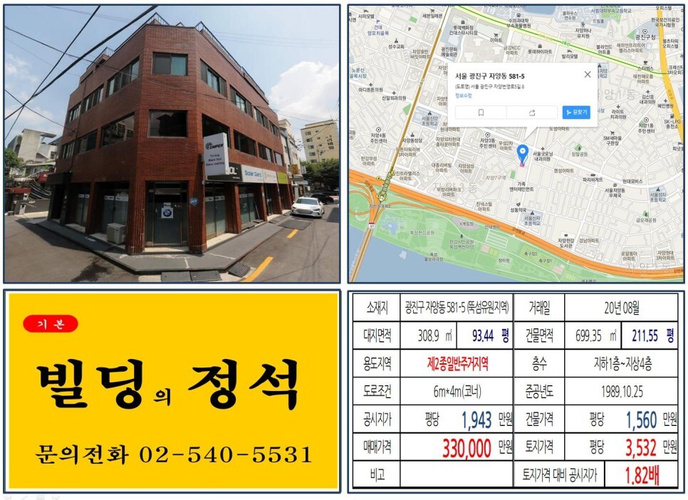  [광진구 자양7구역 재개발 30억 꼬마빌딩 실거래가 조회] 자양동 581-5 (뚝섬유원지역) 33억 원, 평당 3,532만 원 매매되었습니다.