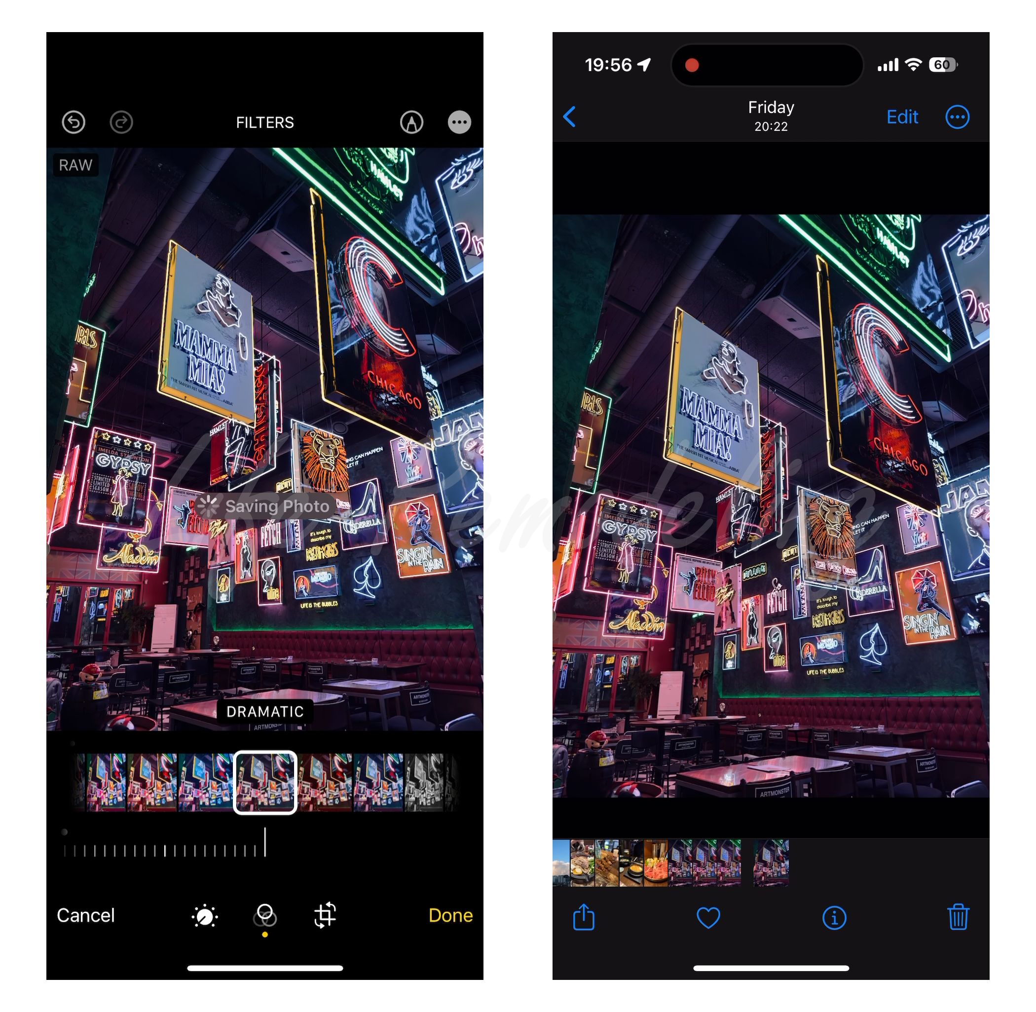 왼쪽 : RAW 이미지를 편집 기능으로 필터 적용한 모습 / 오른쪽 : 필터 적용된 RAW 이미지를 변환해 새로 생성된 JPG 이미지
