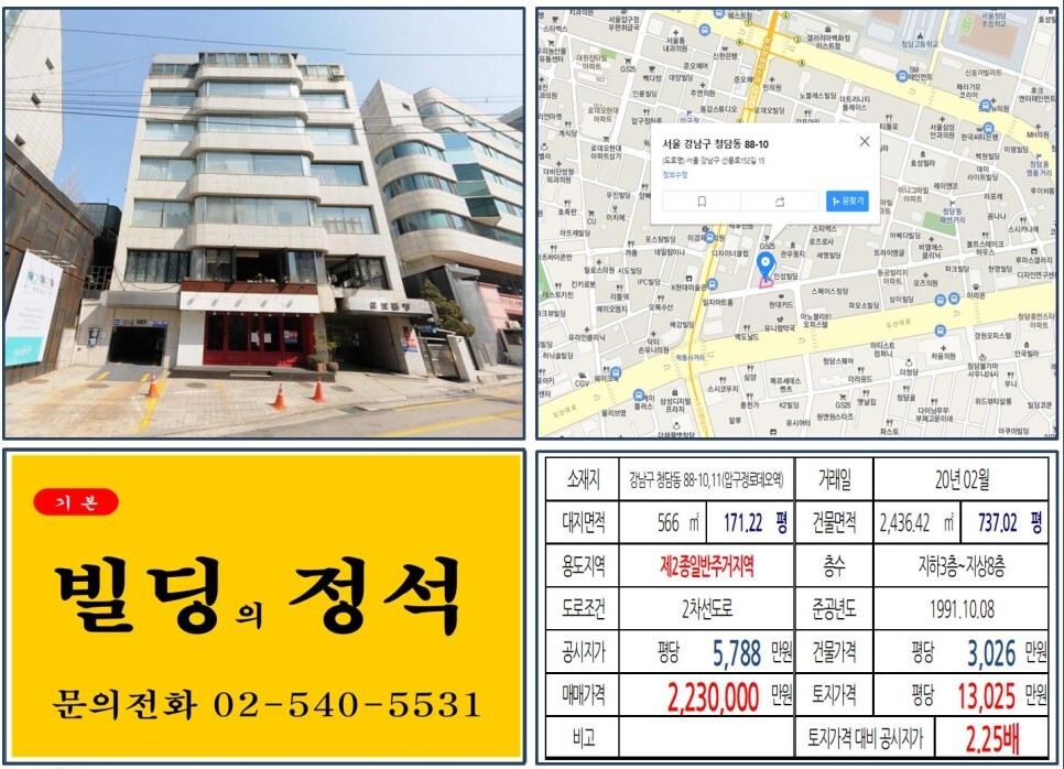  [강남구 도산대로 학동사거리 200억 빌딩 실거래가 조회] 청담동 88-10,11 (압구정로데오역) 223억 원, 평당 1억3,025만 원 매매