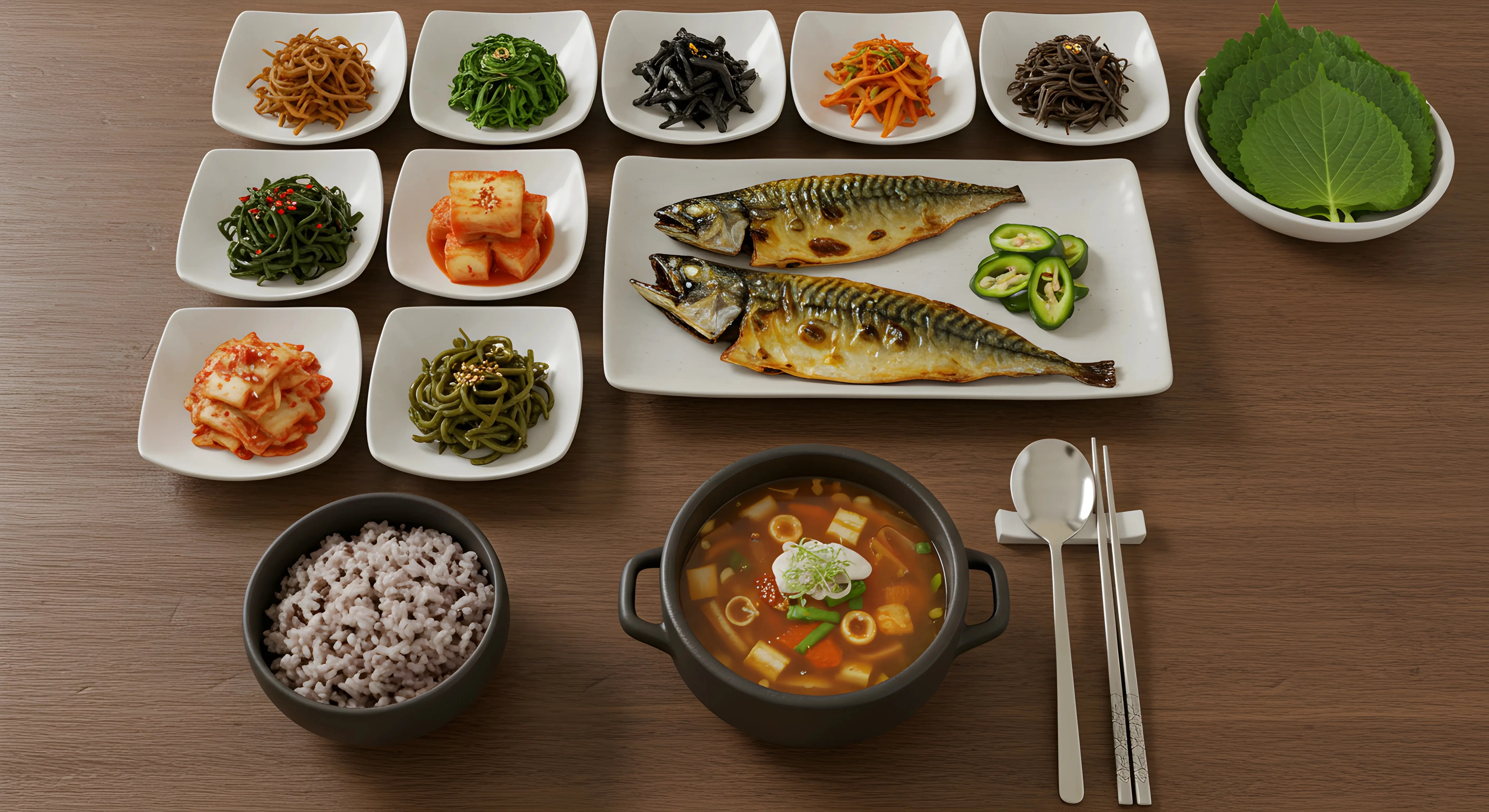 이 이미지는 한국 전통 식단을 현대적으로 표현한 항염증 K-푸드 테이블입니다. 중앙에는 구운 고등어가 있고, 주변에는 다양한 나물과 김치, 잡곡밥, 된장찌개가 정갈하게 배치되어 있습니다. 식기로는 전통적인 숟가락과 젓가락이 놓여 있으며, 전체적으로 건강한 한식 식단의 균형과 다양성을 보여줍니다.
