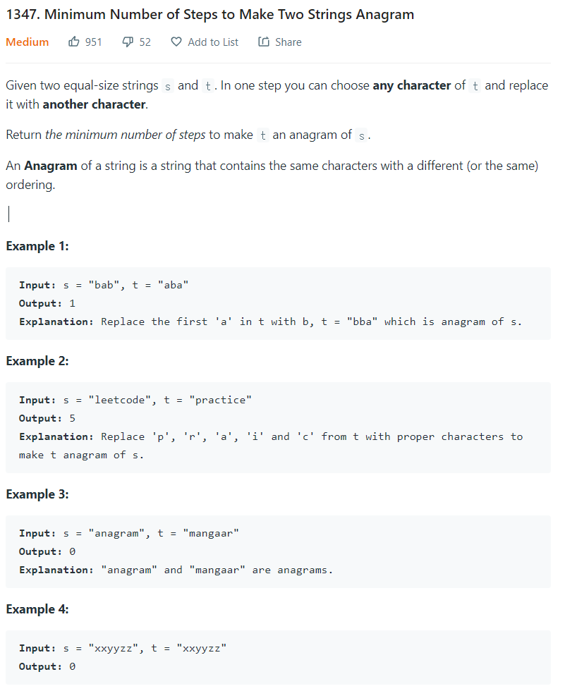 LeetCode 풀기 - 1347. Minimum Number of Steps to Make Two Strings Anagram