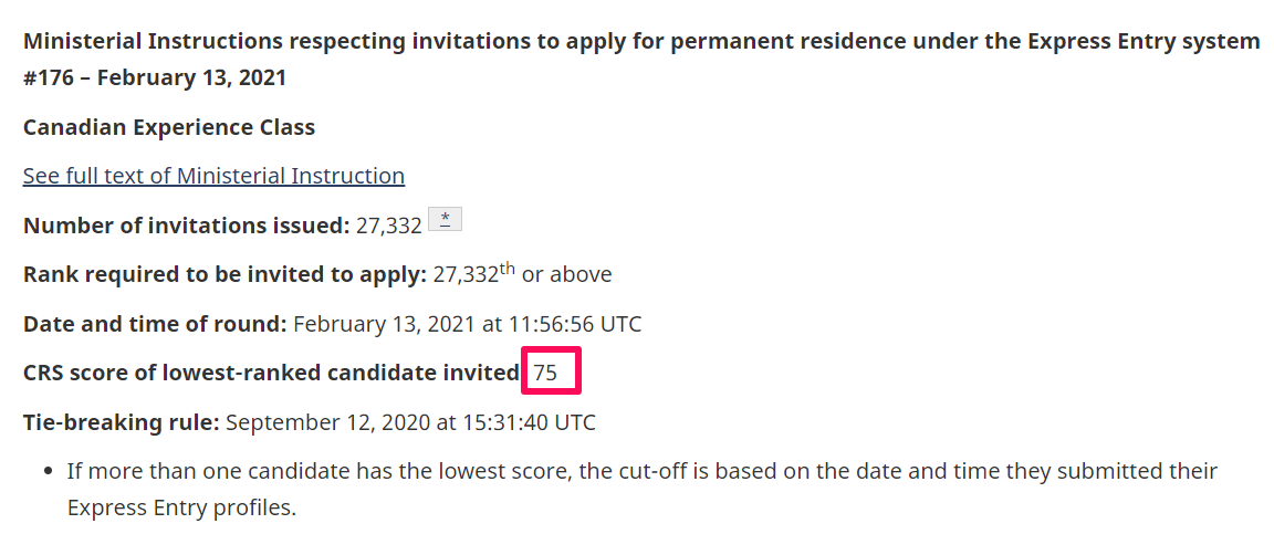  2021/02/13 캐나다 이민점수 발표..그런데 75점????. : Express Entry rounds of invitations