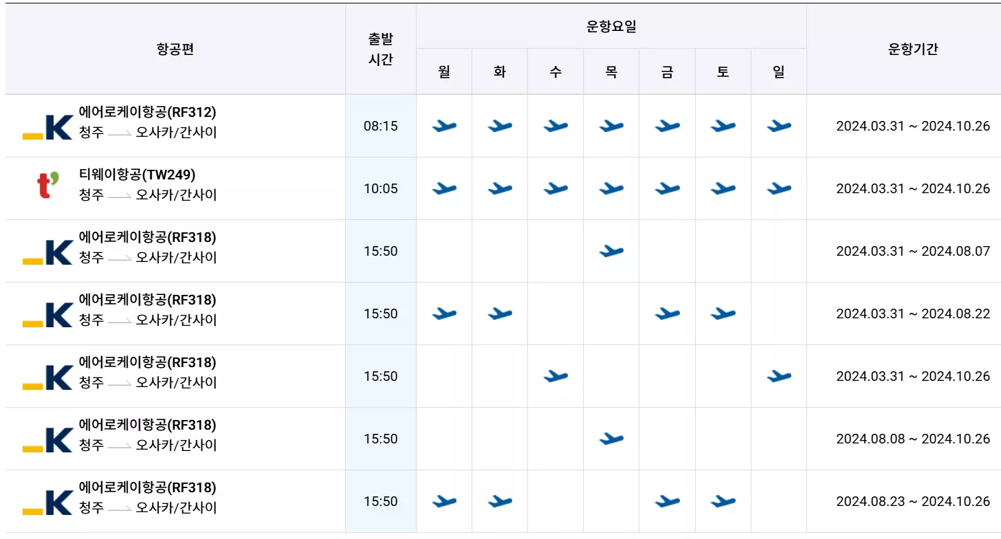 청주국제공항 에서 오사카 비행기 시간표