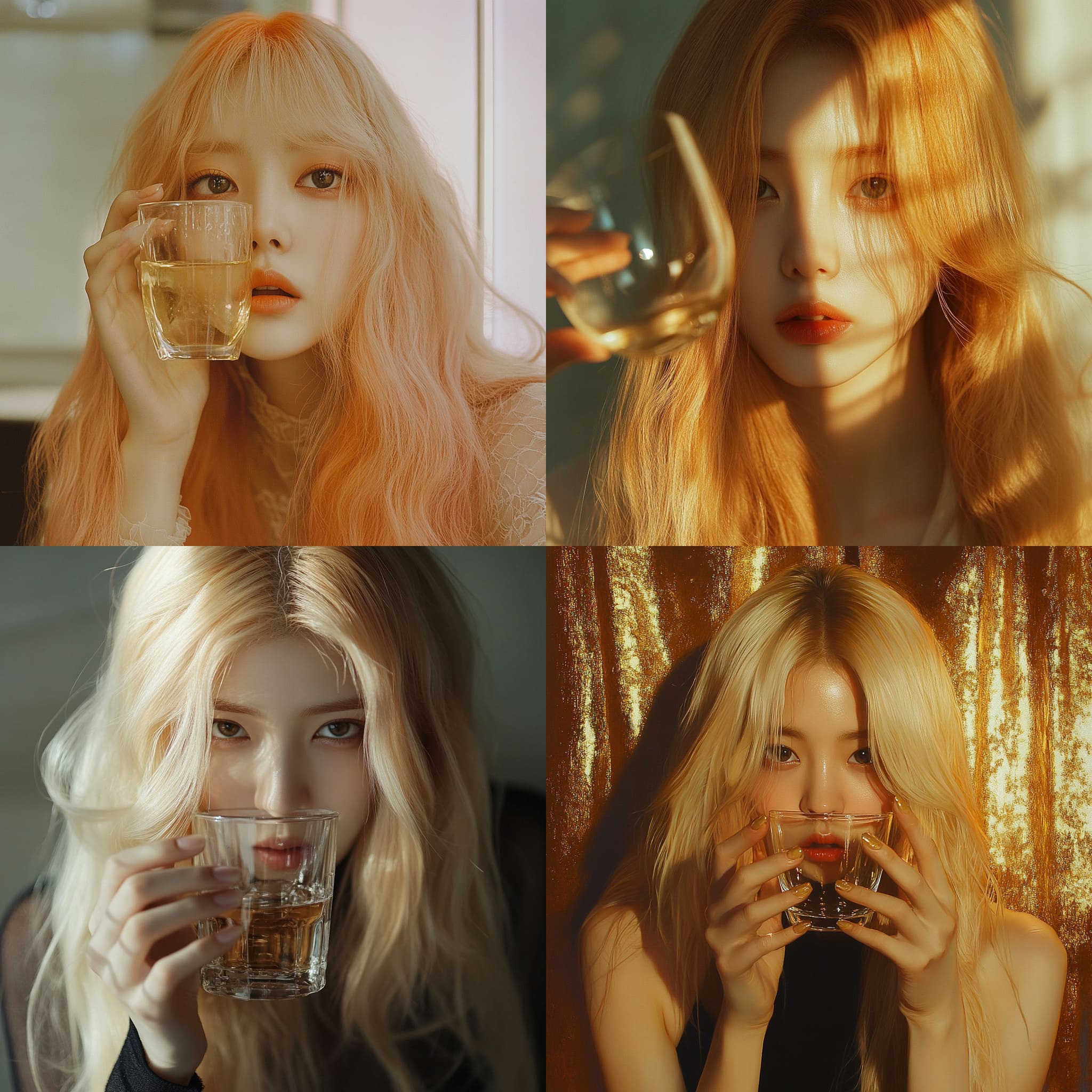 South korea, 20-year-old woman, intelligent appearance, gold hair, long haircut, Cover her face with a glass. --s 100