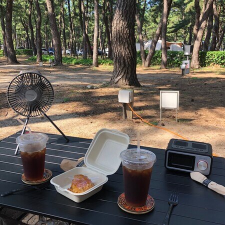 세팅 후 커피&#44; 스콘 먹는 사진