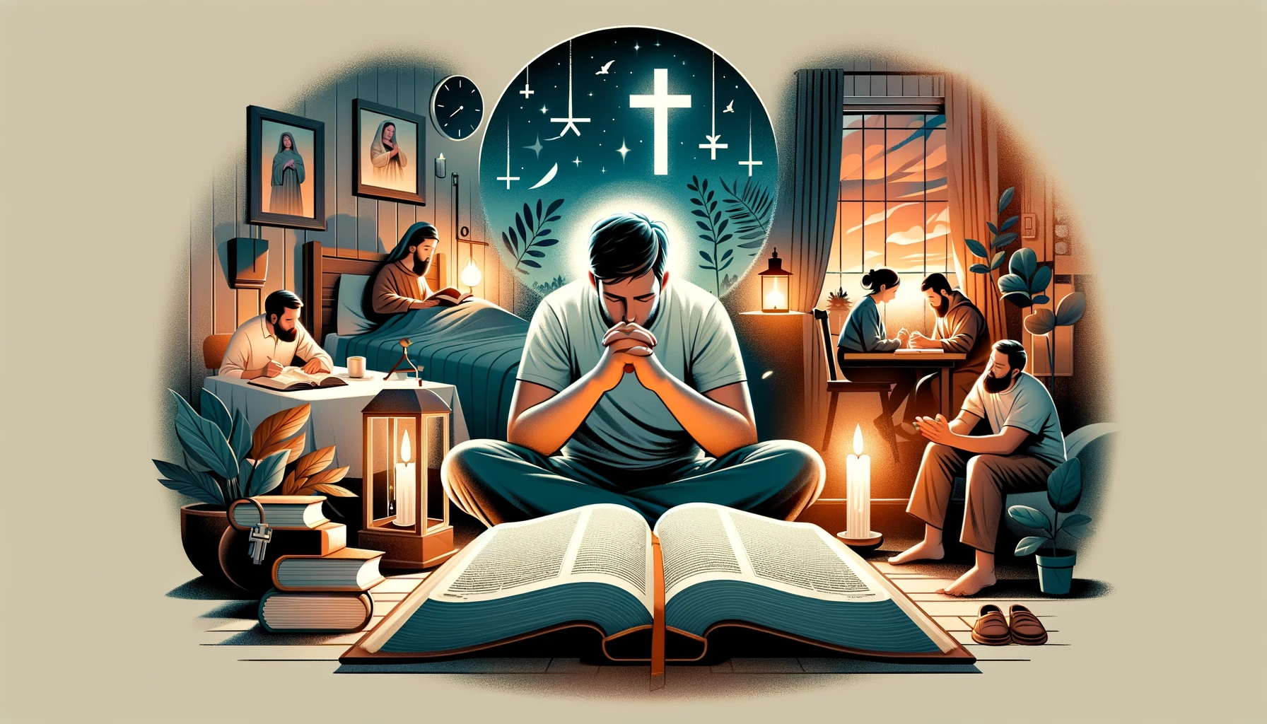 Here is the illustration depicting a modern person turning away from worldly distractions and temptations to follow the serene and fulfilling path of faith in the Lord. The image contrasts the chaotic allurements with the peace found in a life of devotion.