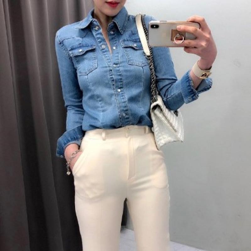 스판 중청 데님셔츠 여자청남방