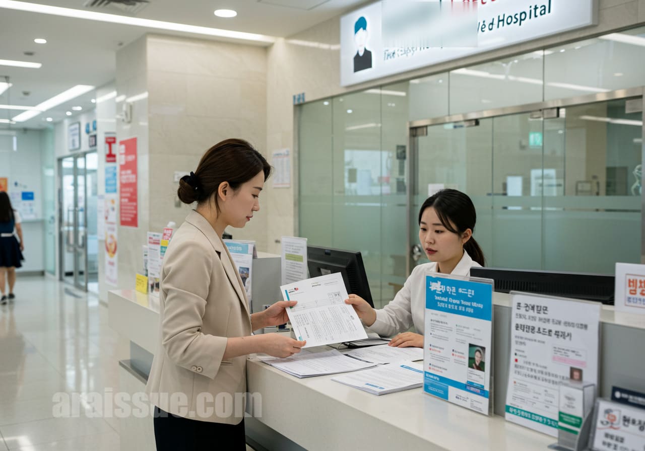 한국 여성, 병원에서 건강보험 적용 여부를 확인하는 장면. 현대적이고 깔끔한 병원 환경.