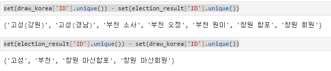 draw_korea와 election_result의 ID 일치 여부 확인