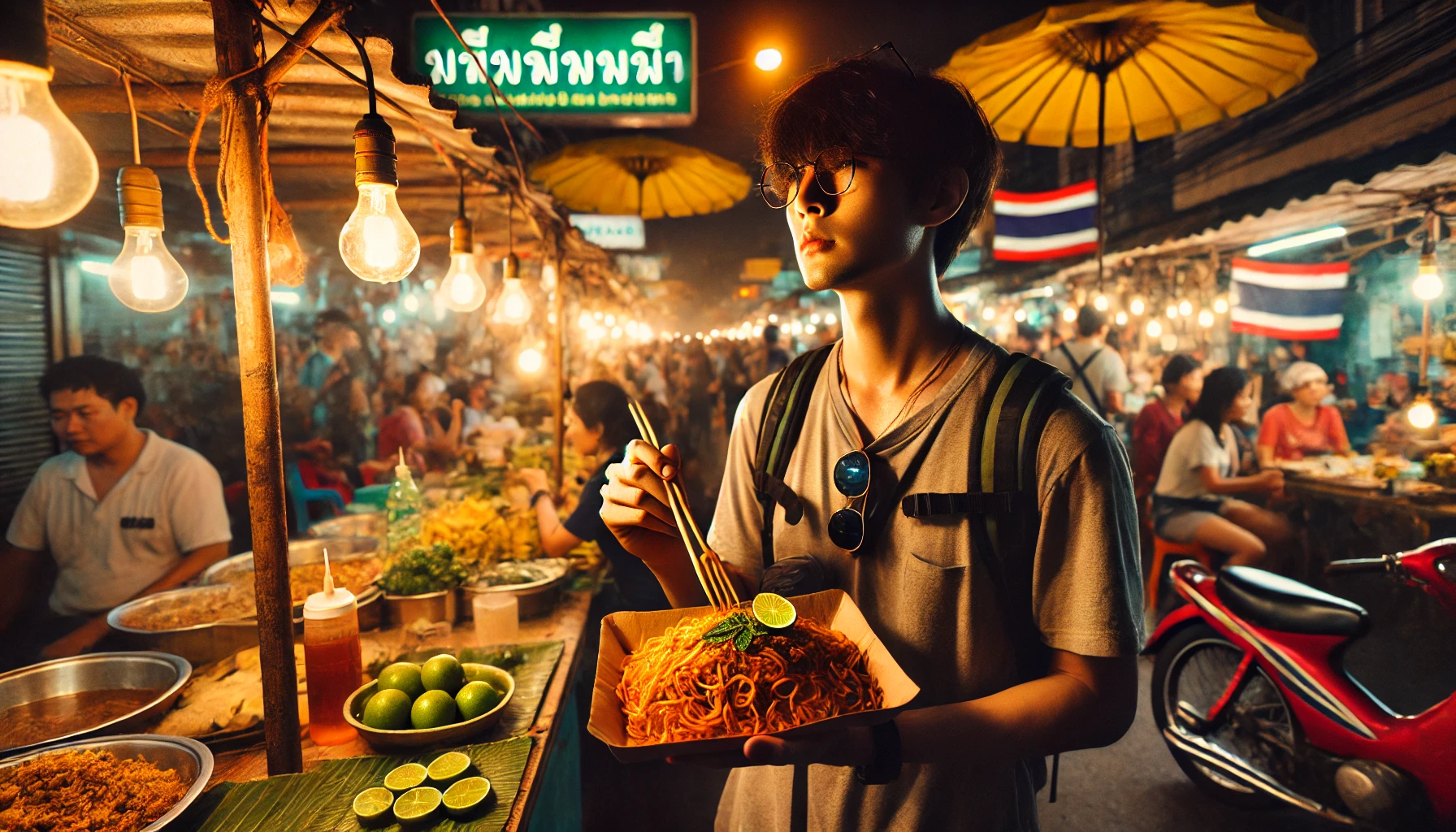 태국 방콕 야시장에서 팟타이를 즐기는 장면