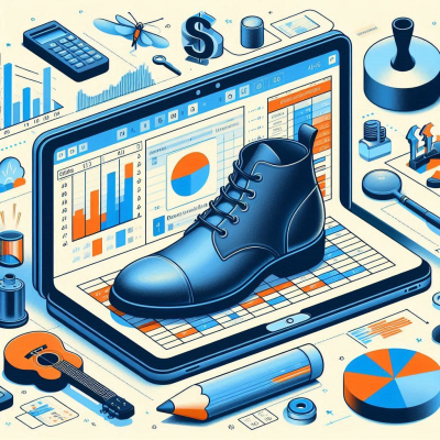 통계 차트와 함께 있는 신발 이미지의 데이터 마케팅 화면