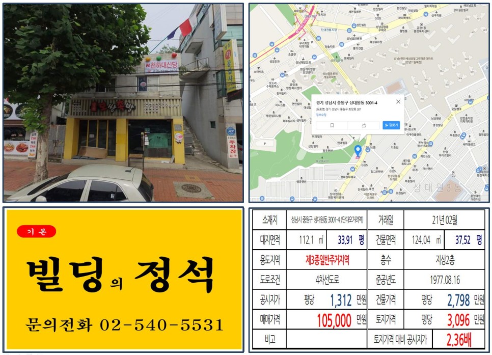  [성남시 중원구 금광동 재개발호재 10억 꼬마빌딩 실거래가 조회] 상대원동 3001-4 (단대오거리역) 10.5억 원, 평당 3,096만 원 매매되었습니다.