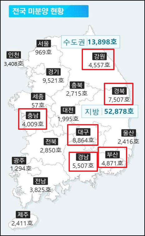 지도로 본 전국 미분양 아파트 물량