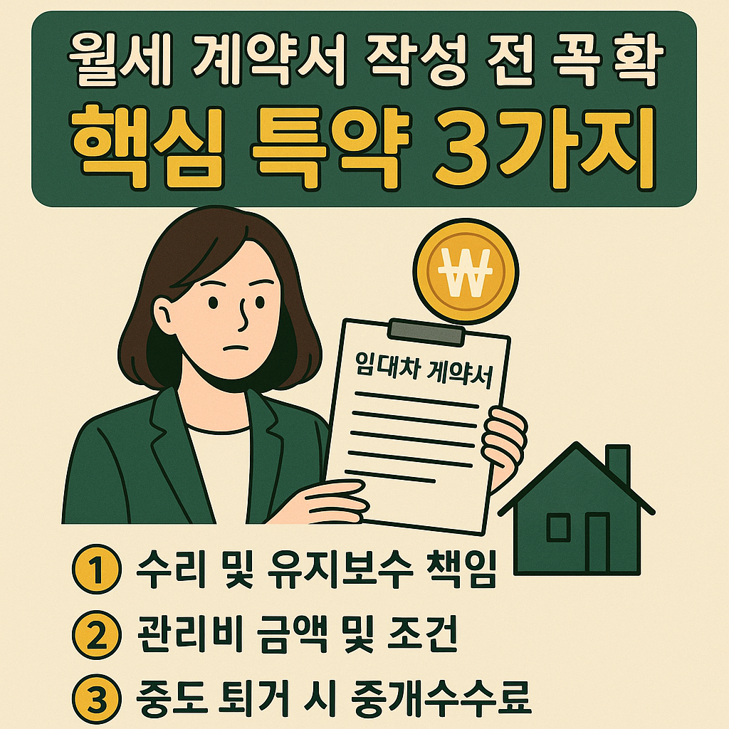 &quot;월세 계약서 핵심 특약 3가지 안내 이미지: 수리 책임, 관리비 조건, 중개수수료 포함&quot;