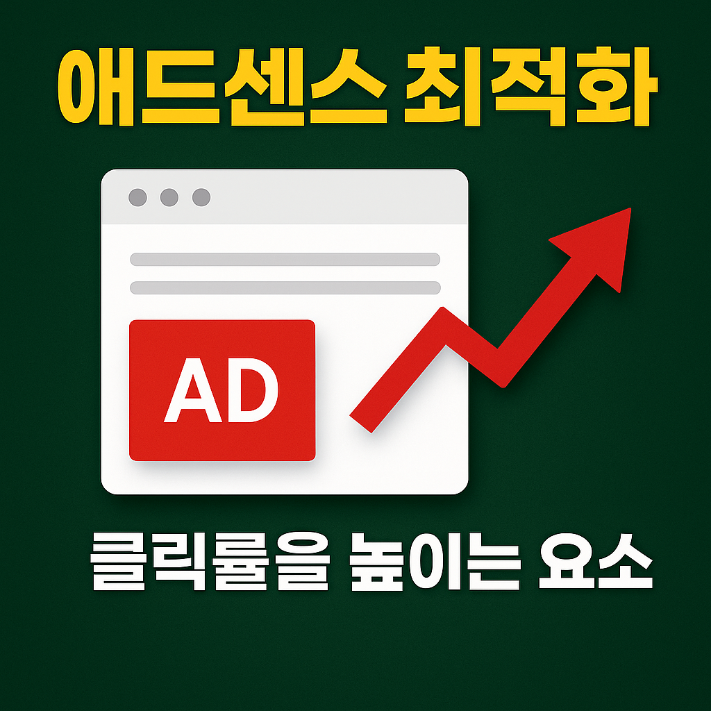Infographic on a dark green background showing the Korean text '애드센스 최적화' and '클릭률을 높이는 요소' with a red AD icon and an upward arrow, symbolizing effective AdSense click-through strategies