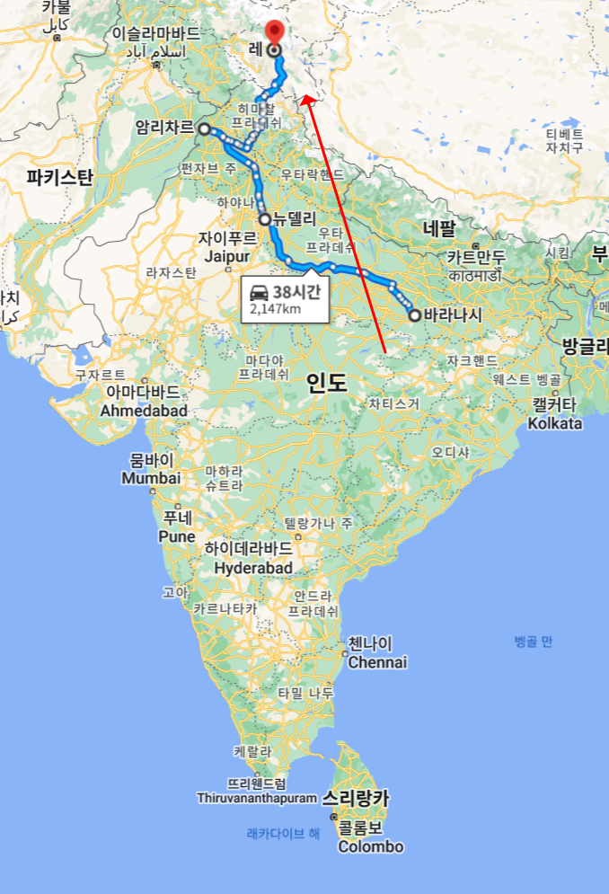 바라나시 뉴델리 암리차르 레까지 표시한 인도 지도