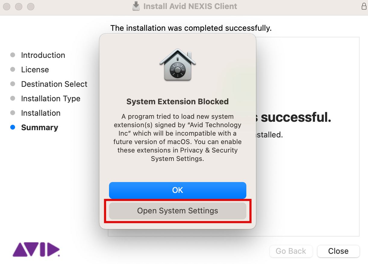 NEXIS System Extension Blocked