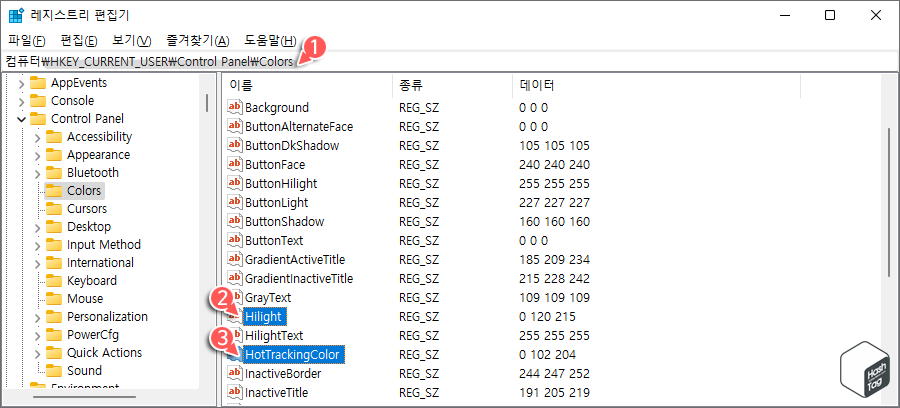 Hilight 및 HotTrackingColor REG_SZ 값 찾기