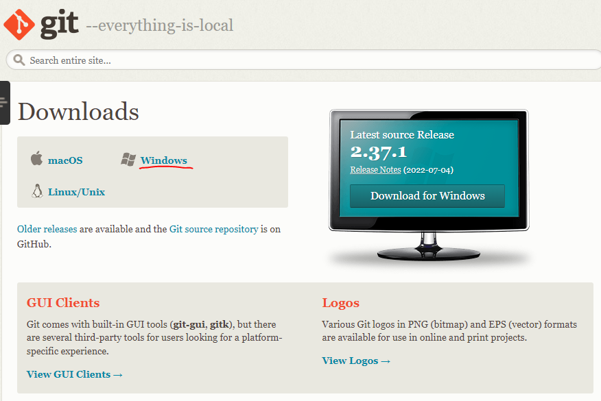 Git 공식 홈페이지 다운로드 창