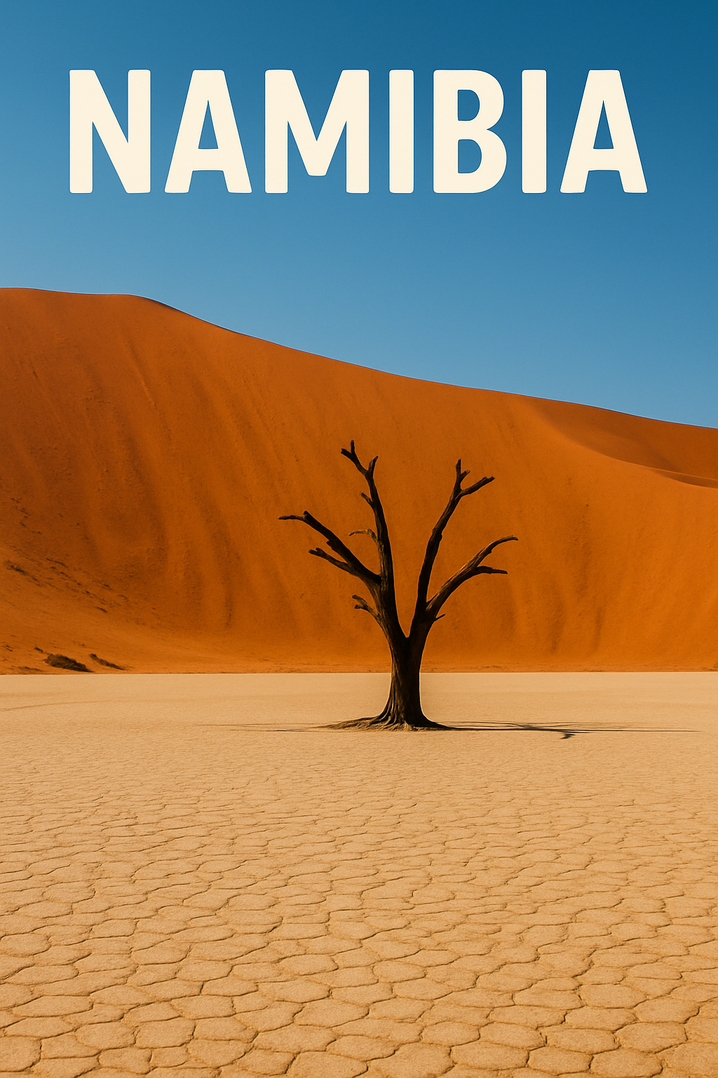 나미비아(Namibia)의 소서스플레이(Sossusvlei) 사막에서 붉은 모래 언덕과 마른 나무, 갈라진 대지 위로 푸른 하늘이 펼쳐진 장엄한 풍경을 담은 이미지입니다.
