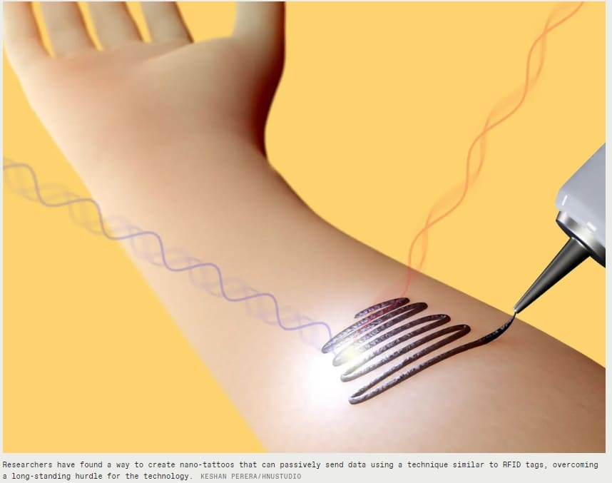  배터리 필요없는 데이터 전송 '나노 문신' VIDEO:New Nano-Tattoos Don't Need Batteries or Wires