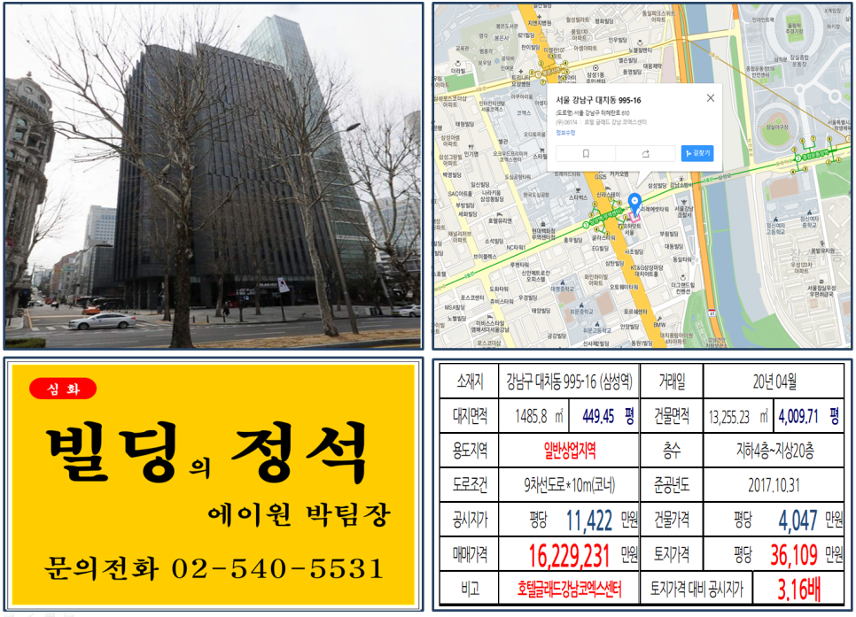  [강남구 삼성역 GBC, MICE 호재지역 실거래가 조회] 대치동 995-16 (삼성역) 1,622억 9,231만원, 평당 3억6,109만 원, 연면적당 4,047만원, 글래드강남
