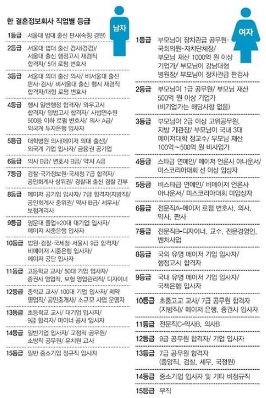  결혼정보회사 직업 별 등급표, 결정사 정보, 가장 확실하고 세속적인 인간등급표, 나의 위치는 어디인가...