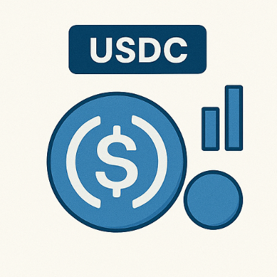 USDC 로고와 통계 그래픽 요소를 통해 코인의 특징을 강조한 인포그래픽