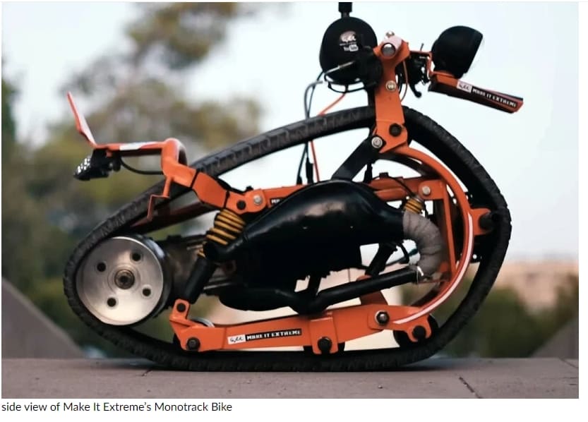 스턴트를 위한 1륜 미니 모터 바이크 VIDEO: Mini motorbike with single recycled car tire around its body can lean back for wheelie stunts