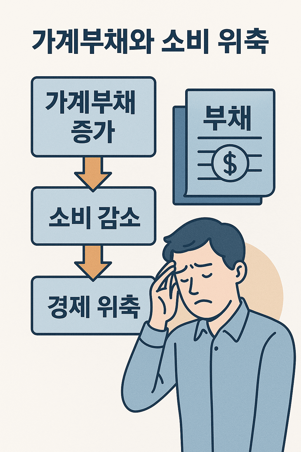 가계부채 증가 → 소비 감소 → 경제 위축의 흐름을 설명한 인포그래픽. 왼쪽에는 단계별 박스, 오른쪽에는 머리를 감싸는 남성의 이미지 포함.