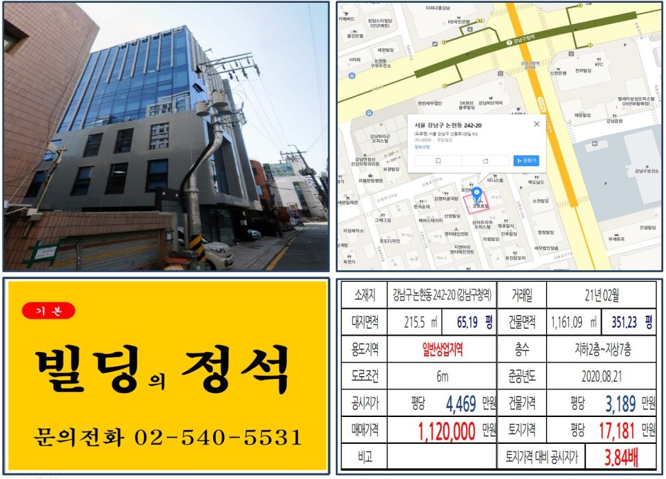  [강남구 일반상업지역 100억 신축빌딩 실거래가 조회] 논현동 242-20 (강남구청역) 112억 원, 평당 1억 7,181만 원 매매되었습니다.
