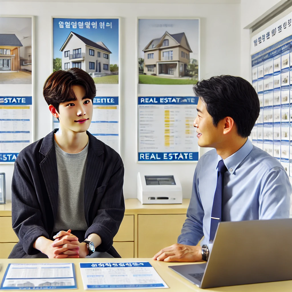 청년이 공인중개사와 상담하는 장면