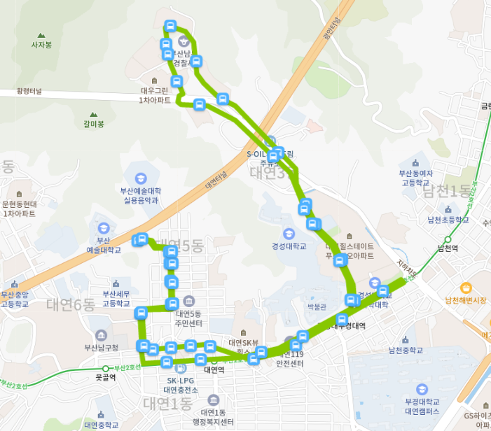  부산 남구 마을버스1번 노선, 시간표[부산예술대, 동천고, 남구청, 경성대, 남부경찰서]