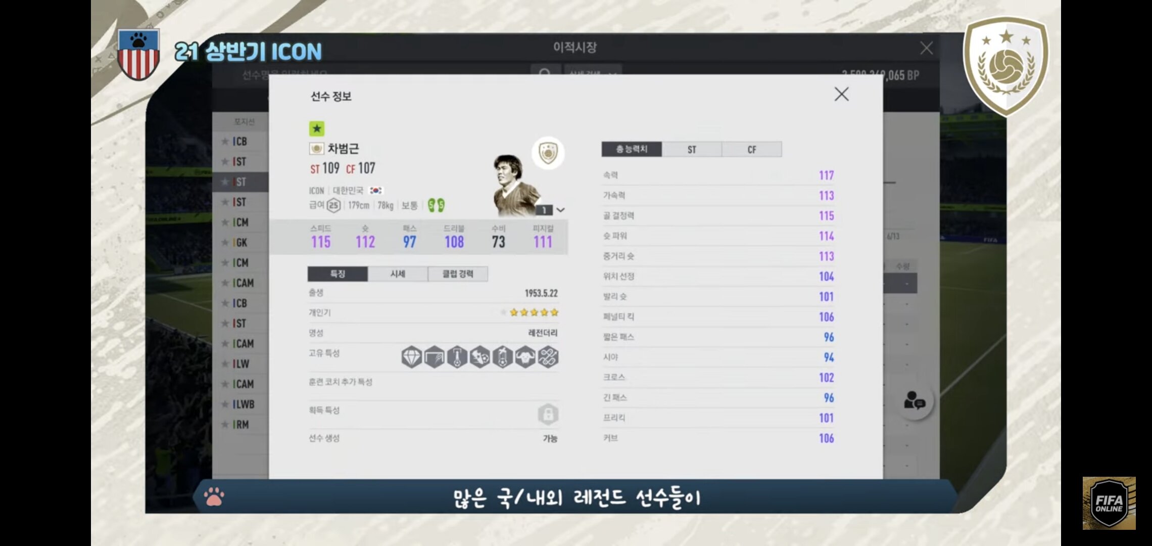  (피파온라인4) 아이콘 차범근 박지성 스텟