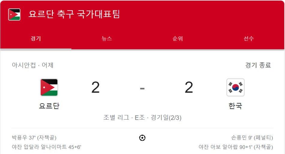 요르단전 경기 결과 사진