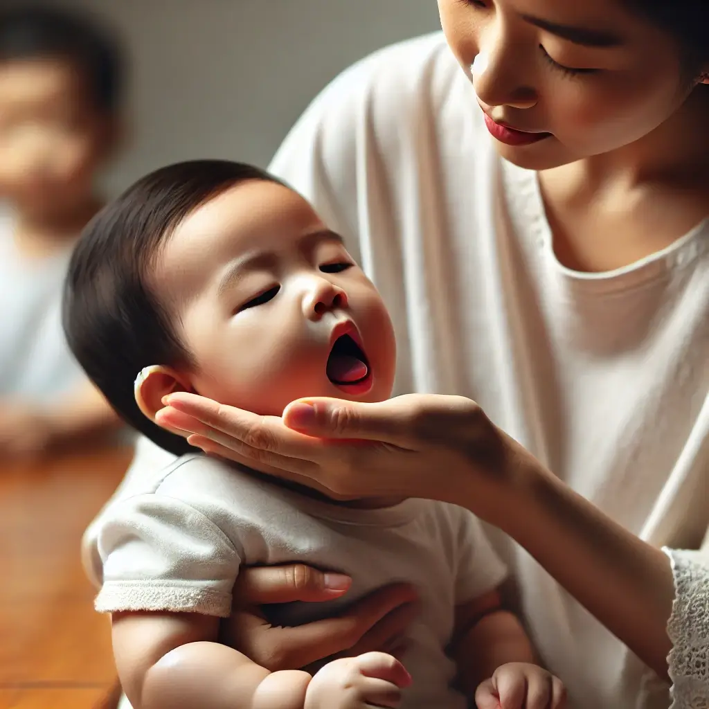 수족구병 또는 구내염 증상을 확인하기 위해 아기의 입안을 부드럽게 살펴보는 동양 부모의 모습. 부모가 세심하게 아기의 입을 열어 살피며, 아기는 차분하게 앉아 있는 장면. 가정에서 이루어지는 따뜻하고 섬세한 돌봄의 순간을 담은 사진.