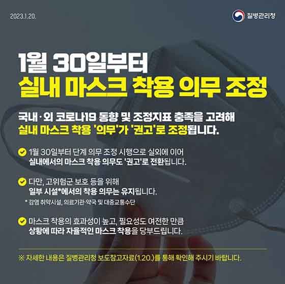 실내 마스크 착용 의무 조정 안내문